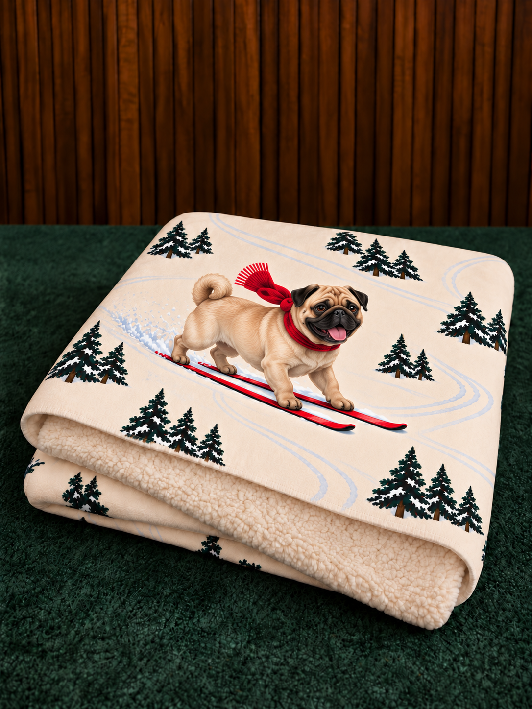 Pug beige Christmas skiing fleece blanket — folded view