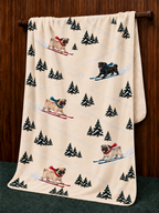 Pug beige Christmas skiing fleece blanket — hanging view