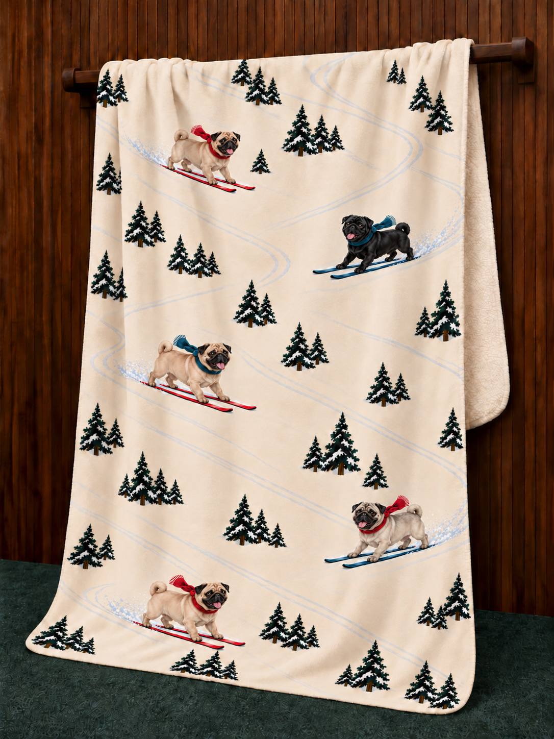 Pug beige Christmas skiing fleece blanket — hanging view