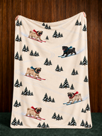 Pug beige Christmas skiing fleece blanket — held view