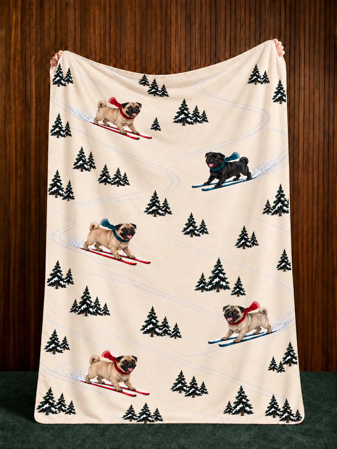 Pug beige Christmas skiing fleece blanket — held view