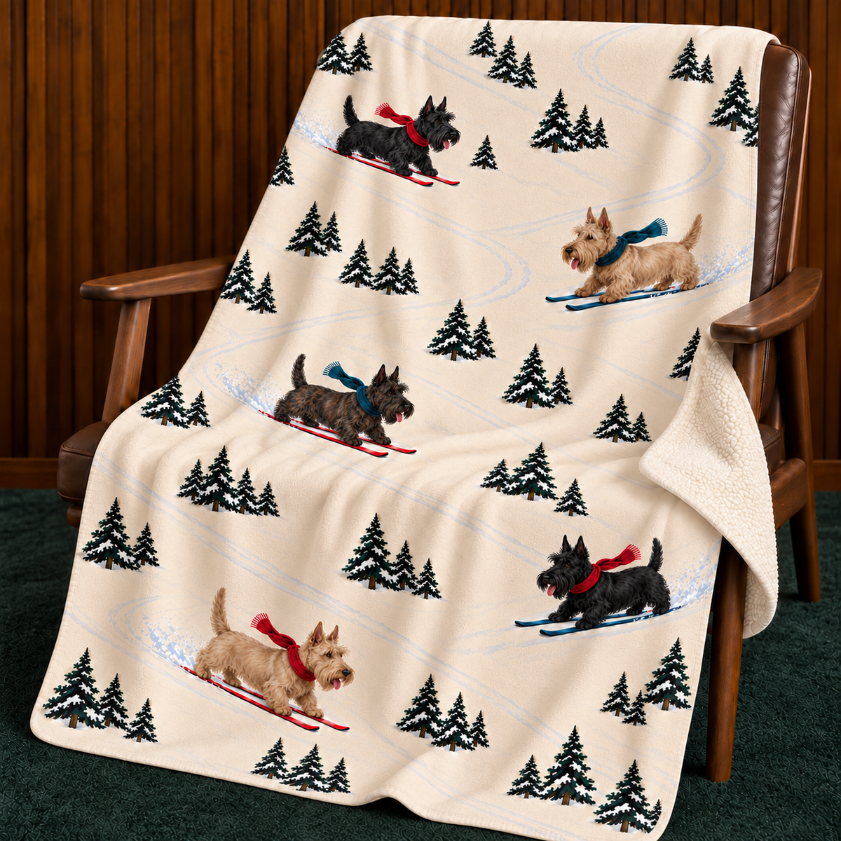 Scottish Terrier beige Christmas skiing fleece blanket — chair view