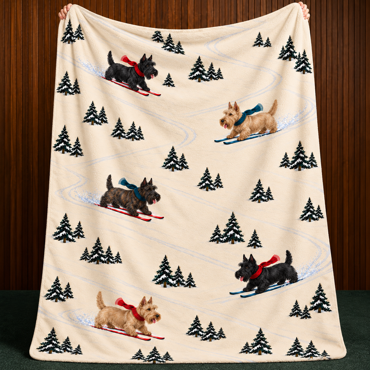 Scottish Terrier beige Christmas skiing fleece blanket — held view
