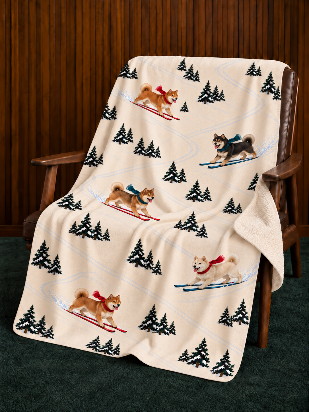 Shiba Inu beige Christmas skiing fleece blanket — chair view