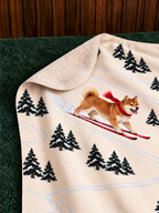 Shiba Inu beige Christmas skiing fleece blanket — detail view
