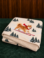 Shiba Inu beige Christmas skiing fleece blanket — folded view