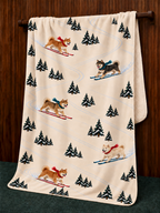 Shiba Inu beige Christmas skiing fleece blanket — hanging view