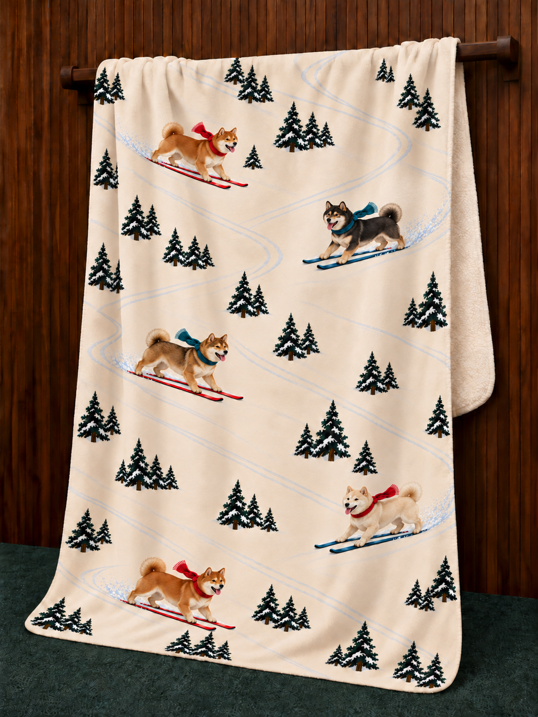 Shiba Inu beige Christmas skiing fleece blanket — hanging view