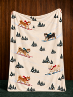 Shiba Inu beige Christmas skiing fleece blanket — held view