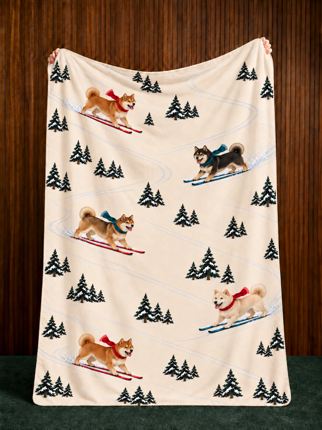 Shiba Inu beige Christmas skiing fleece blanket — held view