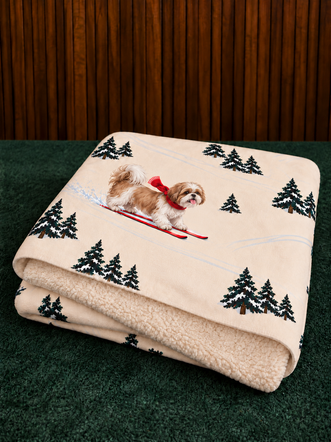 Shih Tzu beige Christmas skiing fleece blanket — folded view