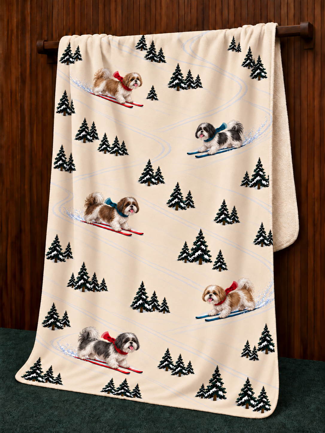Shih Tzu beige Christmas skiing fleece blanket — hanging view