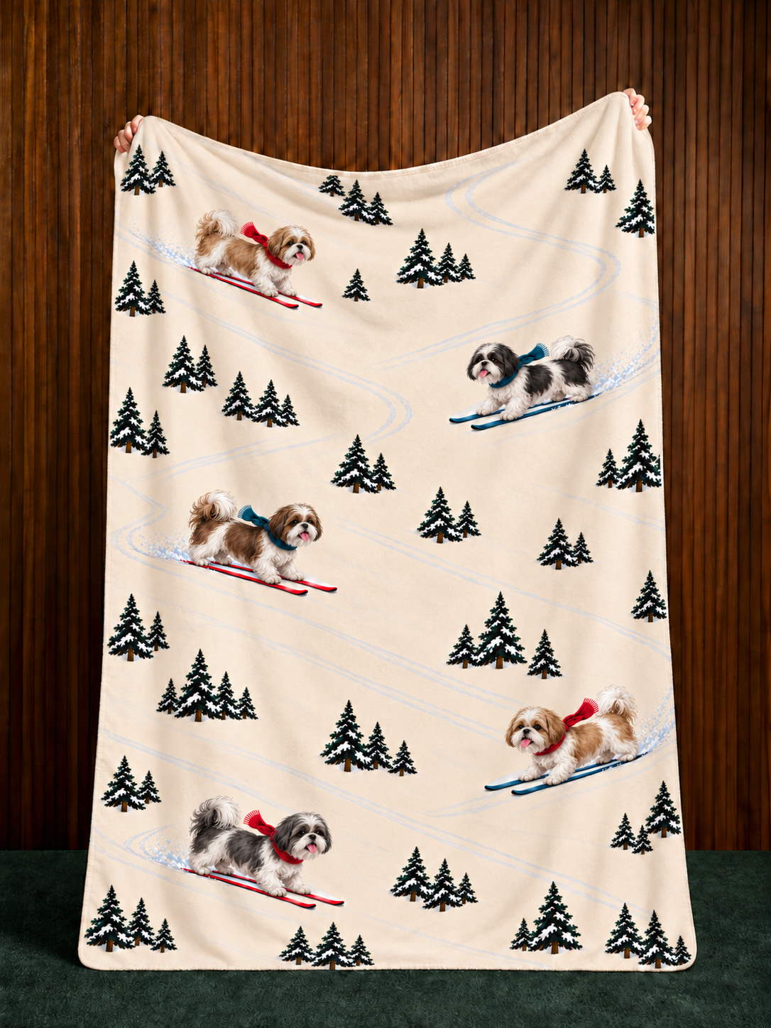 Shih Tzu beige Christmas skiing fleece blanket — held view