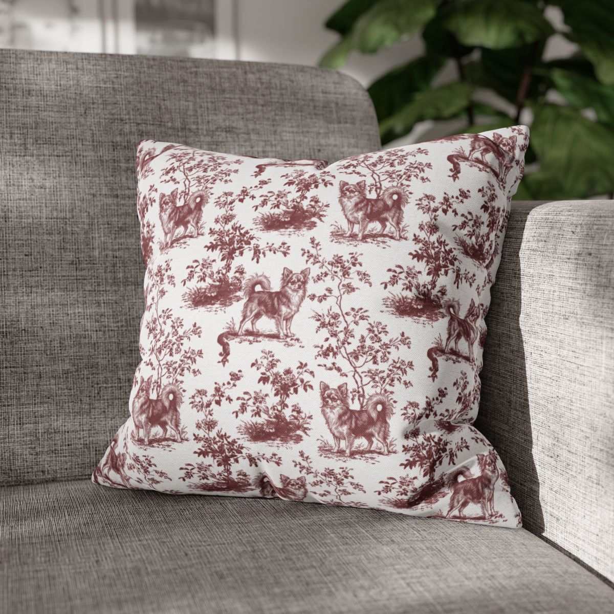 Chihuahua Longhaired Burgundy French Toile Pillow