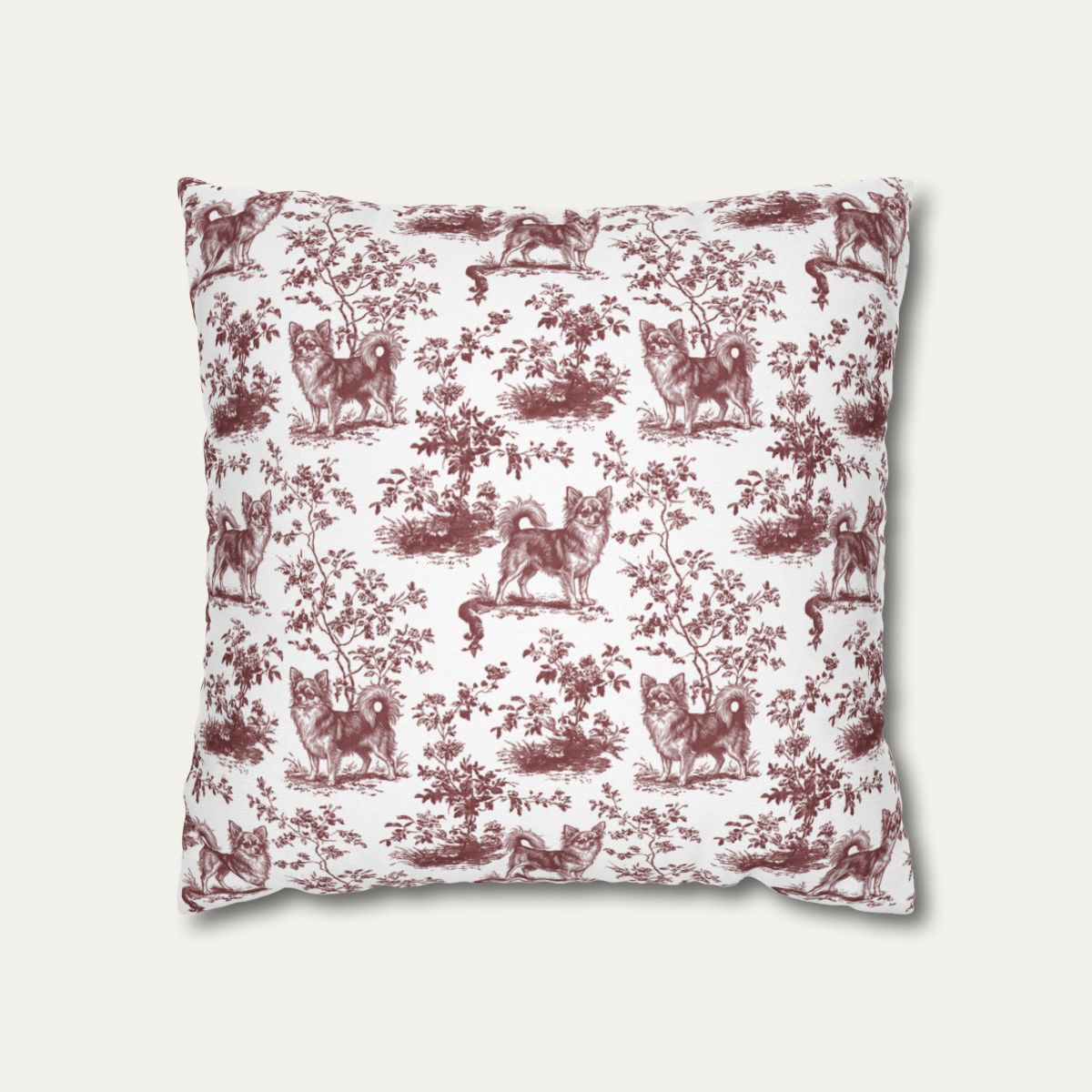 Chihuahua Longhaired Burgundy French Toile Pillow