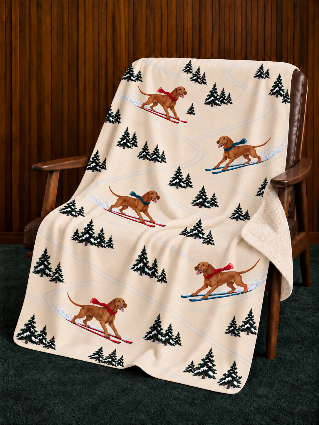 Vizsla beige Christmas skiing fleece blanket — chair view