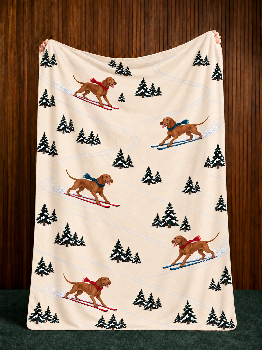 Vizsla beige Christmas skiing fleece blanket — held view