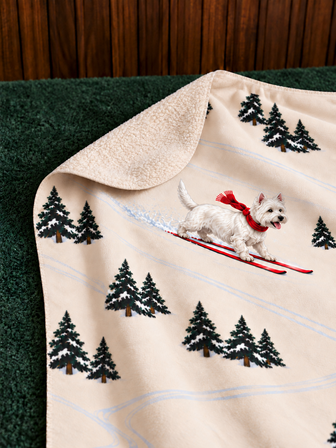 West Highland Terrier beige Christmas skiing fleece blanket — detail view