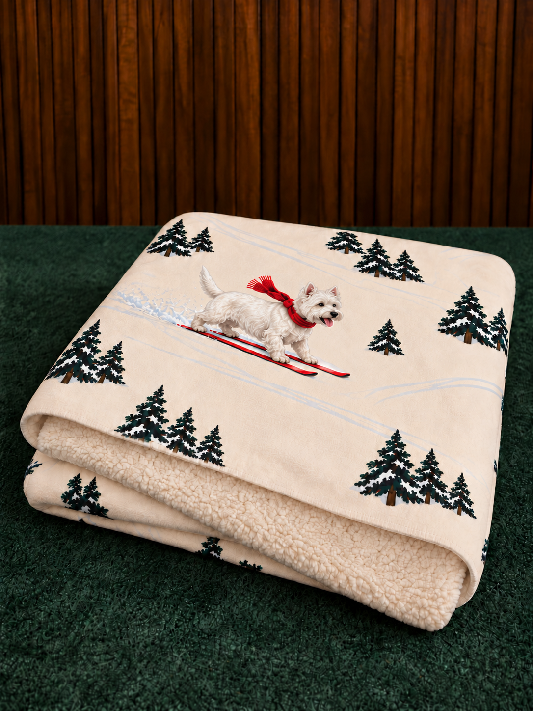 West Highland Terrier beige Christmas skiing fleece blanket — folded view