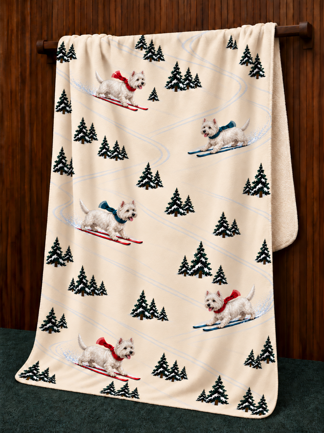 West Highland Terrier beige Christmas skiing fleece blanket — hanging view