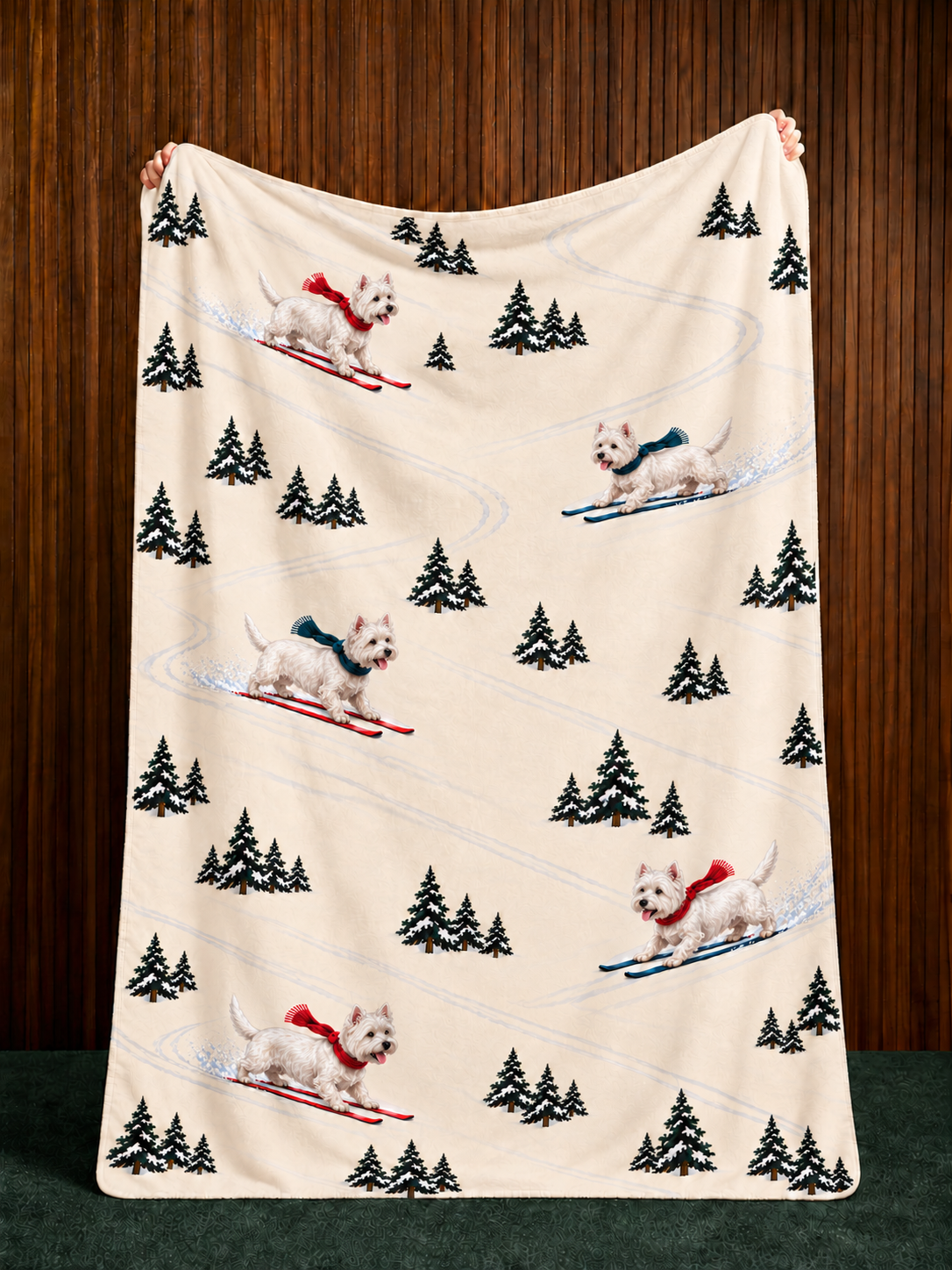 West Highland Terrier beige Christmas skiing fleece blanket — held view