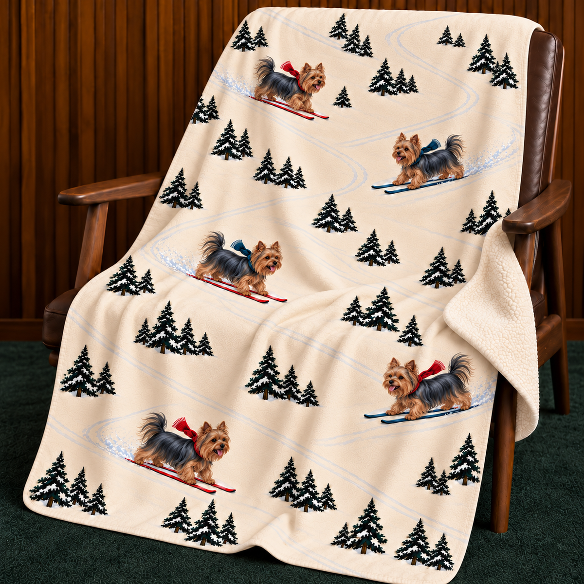 Yorkshire Terrier beige Christmas skiing fleece blanket — chair view