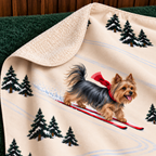 Yorkshire Terrier beige Christmas skiing fleece blanket — detail view