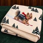 Yorkshire Terrier beige Christmas skiing fleece blanket — folded view
