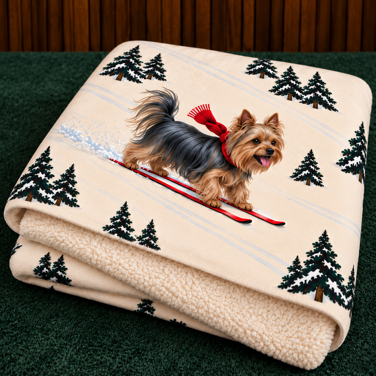 Yorkshire Terrier beige Christmas skiing fleece blanket — folded view
