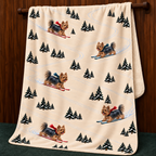 Yorkshire Terrier beige Christmas skiing fleece blanket — hanging view