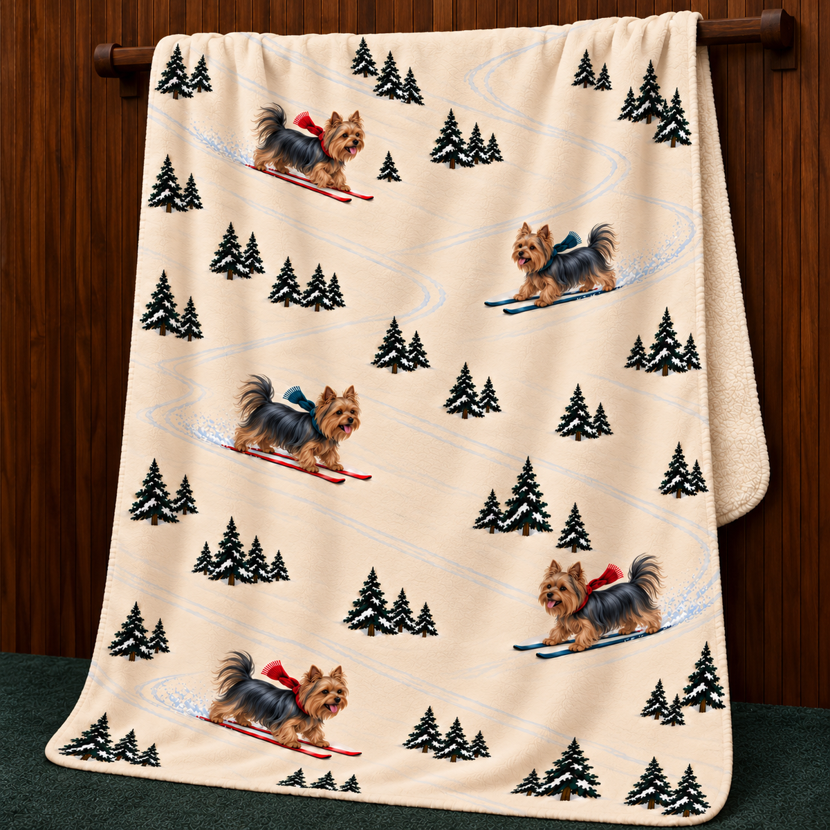 Yorkshire Terrier beige Christmas skiing fleece blanket — hanging view
