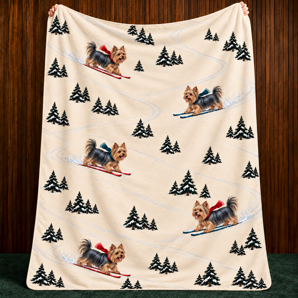 Yorkshire Terrier beige Christmas skiing fleece blanket — held view